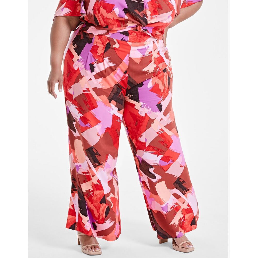 Nina Parker 2X Plus Wide-Leg Pants Spray Print Red Pink Abstract High Rise NWT